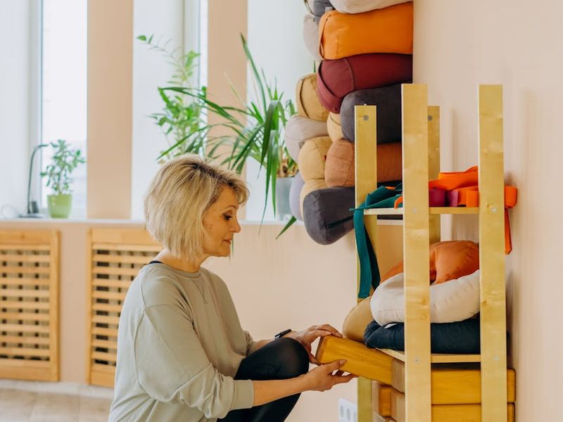 Beautiful yoga studio with natural wood and plants